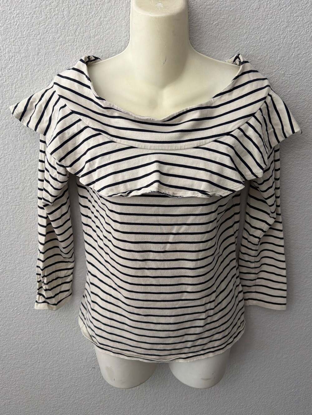 Leifnotes Anthropologie Striped Ruffle Neck Long Sleeve Top Size M